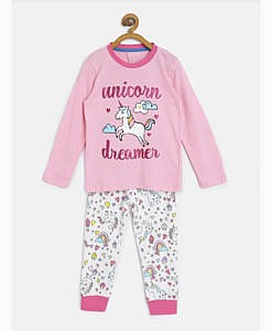 Full sleeves unicorn print night suit pink