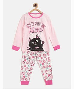 Full sleeves cat print night suit pink