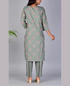 Grey green cotton printed festive kurta pant set