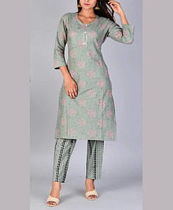 Grey green cotton printed festive kurta pant set