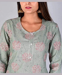 Grey green cotton printed festive kurta pant set