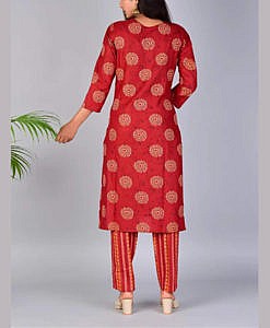 Red cotton printed festive kurta pant set