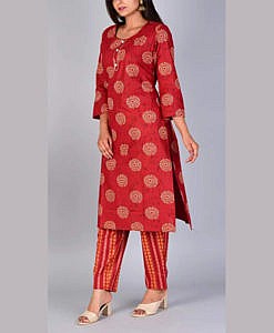 Red cotton printed festive kurta pant set