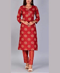 Red cotton printed festive kurta pant set