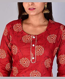 Red cotton printed festive kurta pant set