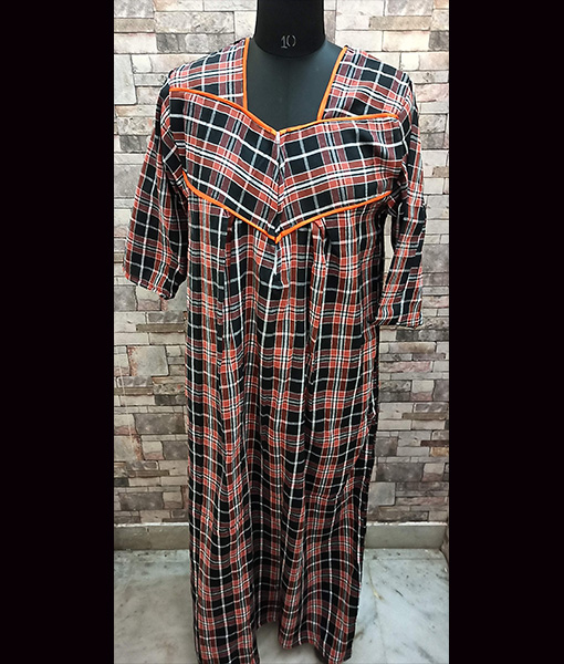 Brown and black check women winter wear warm night gown 
