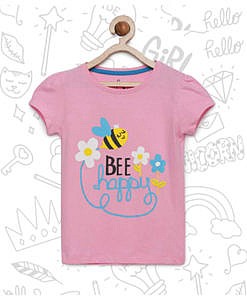 Bio washed bee happy printed pink t shirt for girls