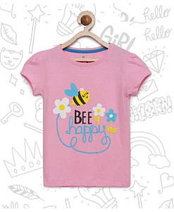 Bio washed bee happy printed pink cotton t shirt for girls