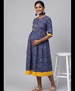 Blue Bandhej print maternity wear cotton dress