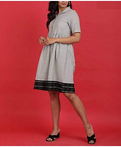 Grey plain cotton kurta dress with striped dobby border