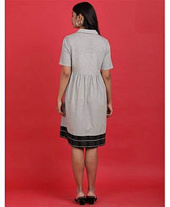 Grey plain cotton kurta dress with striped dobby border