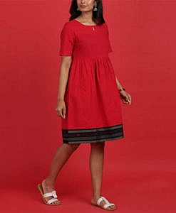 Red plain cotton kurta dress with striped dobby border