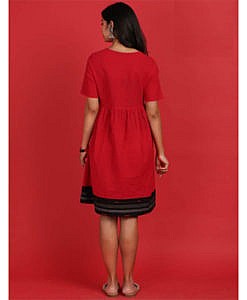 Red plain cotton kurta dress with striped dobby border