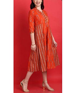 Women cotton orange printed kurti dress