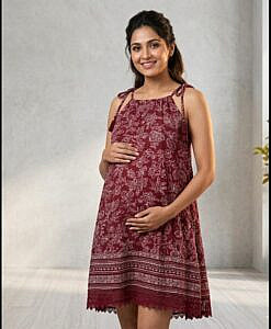 Maroon maternity shoulder tie cotton dress with lace detailing