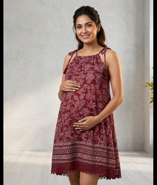 Maroon maternity shoulder tie cotton dress with lace detailing