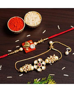 Precious metal designer beaded Kundan stone pearl rakhi pack of 2 (orange)