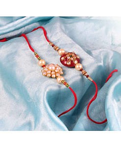 Red round kundan stone with beads rakhi with flower rakhi