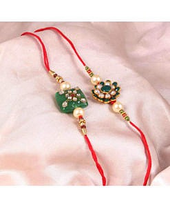 Green square kundan stone with beads rakhi with flower rakhi