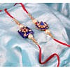 Blue square kundan stone with beads rakhi with flower rakhi