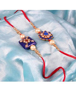 Blue square kundan stone with beads rakhi with flower rakhi