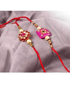 Pink square kundan stone with beads rakhi with flower rakhi