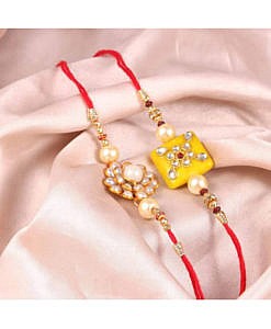 Yellow square kundan stone with beads rakhi with flower rakhi
