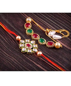 Designer multicolour kundan rakhi with stones bracelet rakhi set pack of 2