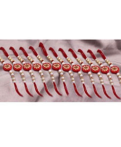 Red round kundan stones and beads rakhi