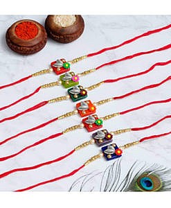 Multicolor square flower with leaf stones and beads rakhi