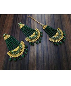 Beautiful dark green imitation pearl mangtika earrings set