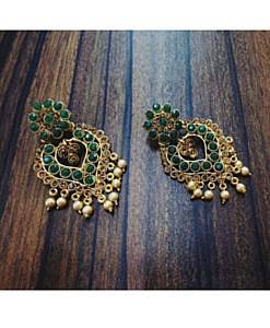 Dark Green flower drop imitation pearl, stones, antique earrings. Party wear wedding wear earrings.
