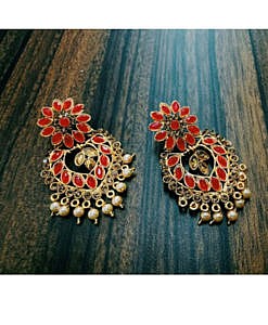 Red flower drop imitation pearl, stones, antique earrings set