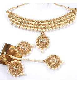 Golden imitation pearl, stones, antique necklace, mangtika with earrings set