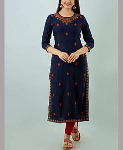 Navy blue heavy rayon embroidered long women kurta