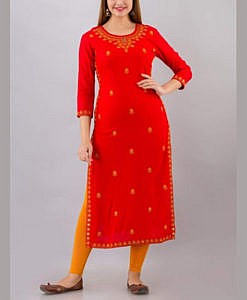Red heavy rayon embroidered long women kurta