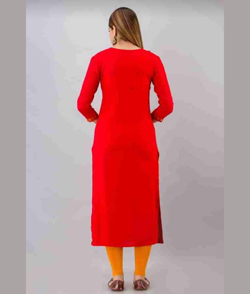 Red heavy rayon embroidered long women kurta 