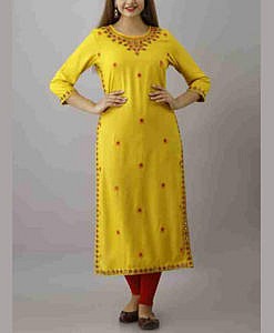 Yellow heavy rayon embroidered long women kurta