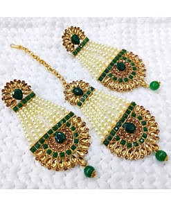 Dark Green immitation pearl and stones mangtika with earrings set