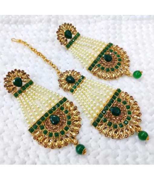 Classic Gold Plated Pearl Chocker Necklace Set with Mangtika & Earrings-sgquangbinhtourist.com.vn