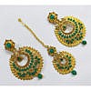 Dark Green round imitation pearl, stones, antique mangtika with earrings set