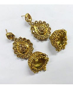 Long golden earrings jhumka with golden stones