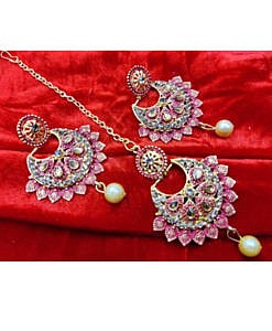 Red round immitation pearl, stones, antique mangtika with earrings set