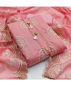 Peach pink semi modal embroidered unstitched dress material