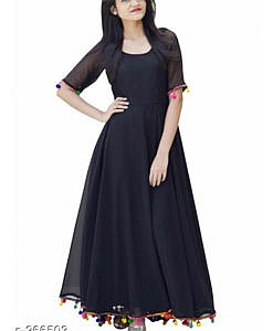Black georgette pom pom long kurta dress