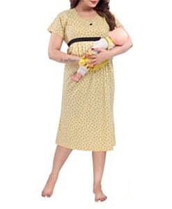 Yellow hosiery round neck short feeding nighty