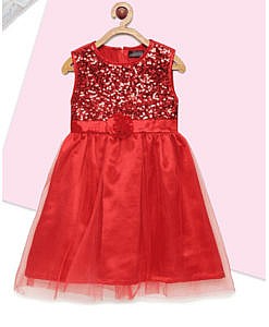 Red party wear girls frock with sequence