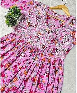 Mul mul cotton chikan work angrakha long gown