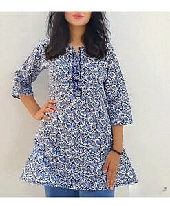 Soft sustainable cotton blue short kurti with dark blue patti