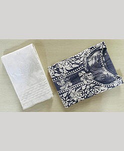 Grey flower printed chikan hand embroided long kurta